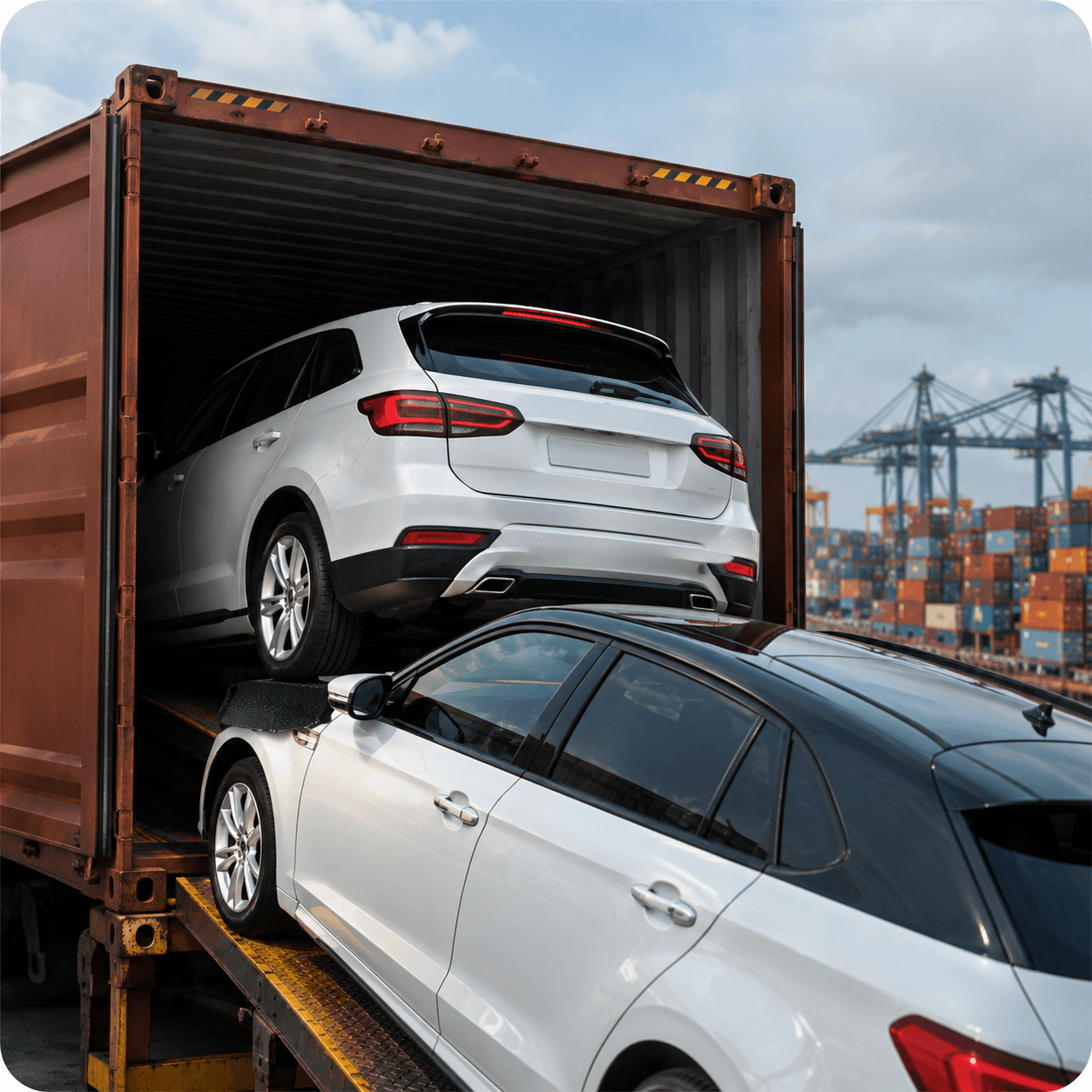 Cars being loaded into a shipping container