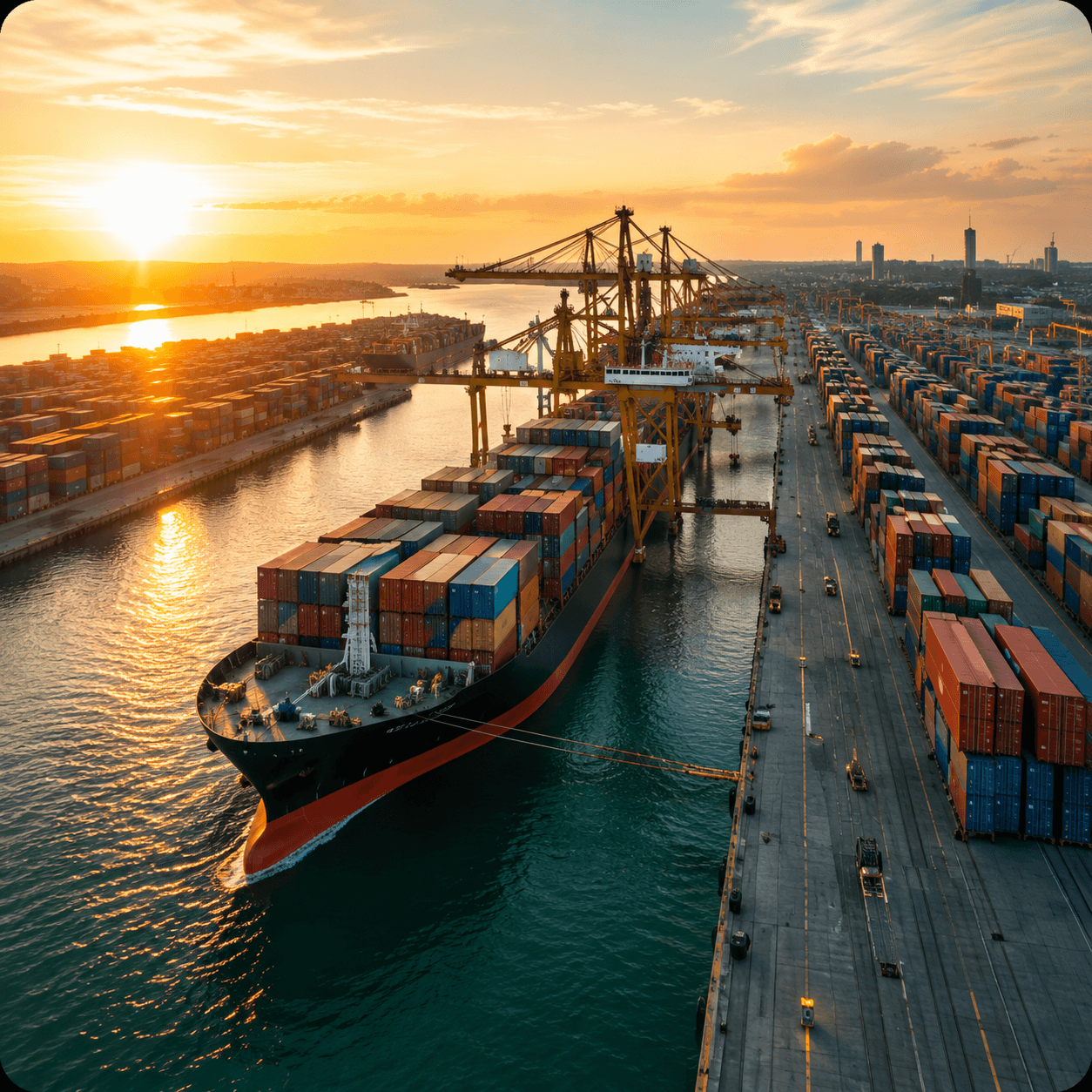 Container ship loading cars at a port