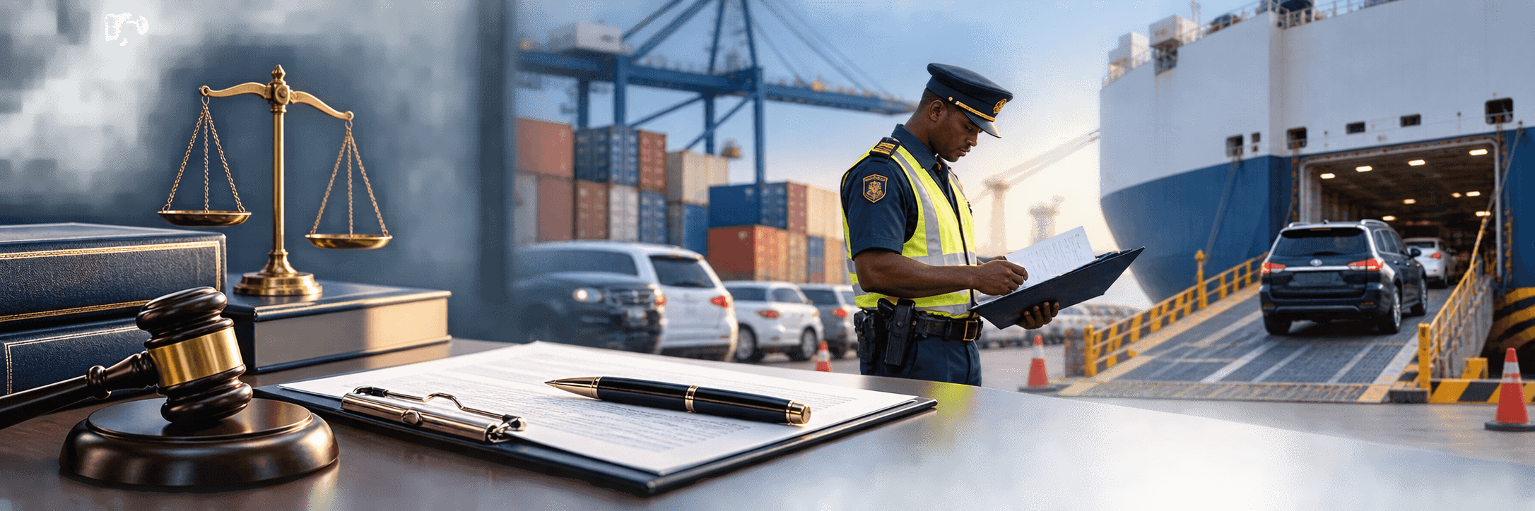 Vehicle export inspection and legal paperwork at a shipping port